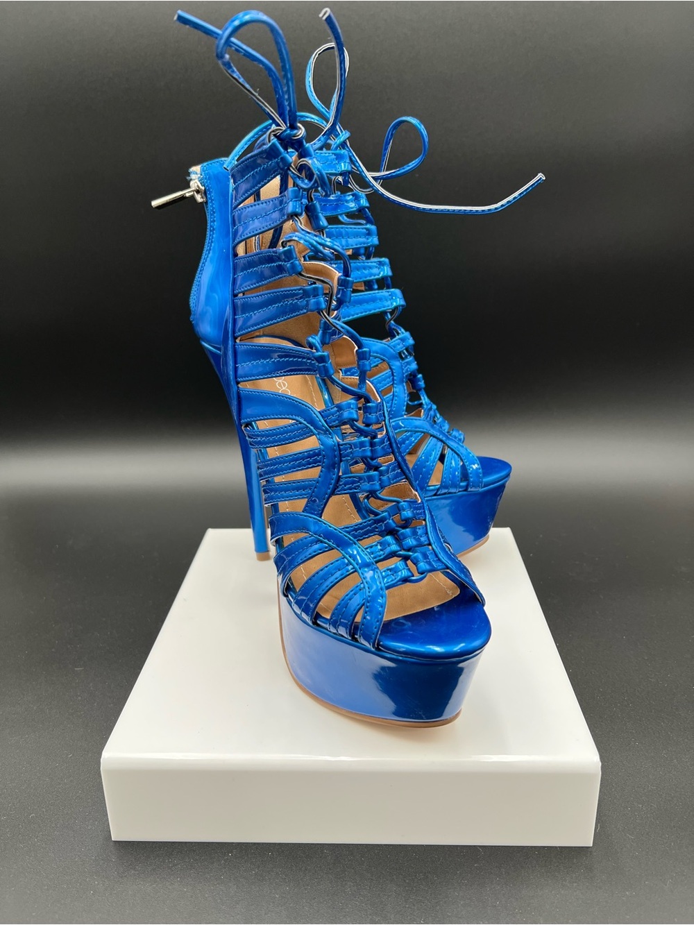 Shoe Dazzle Electric Blue Strappy Lace-Up Platform Heels